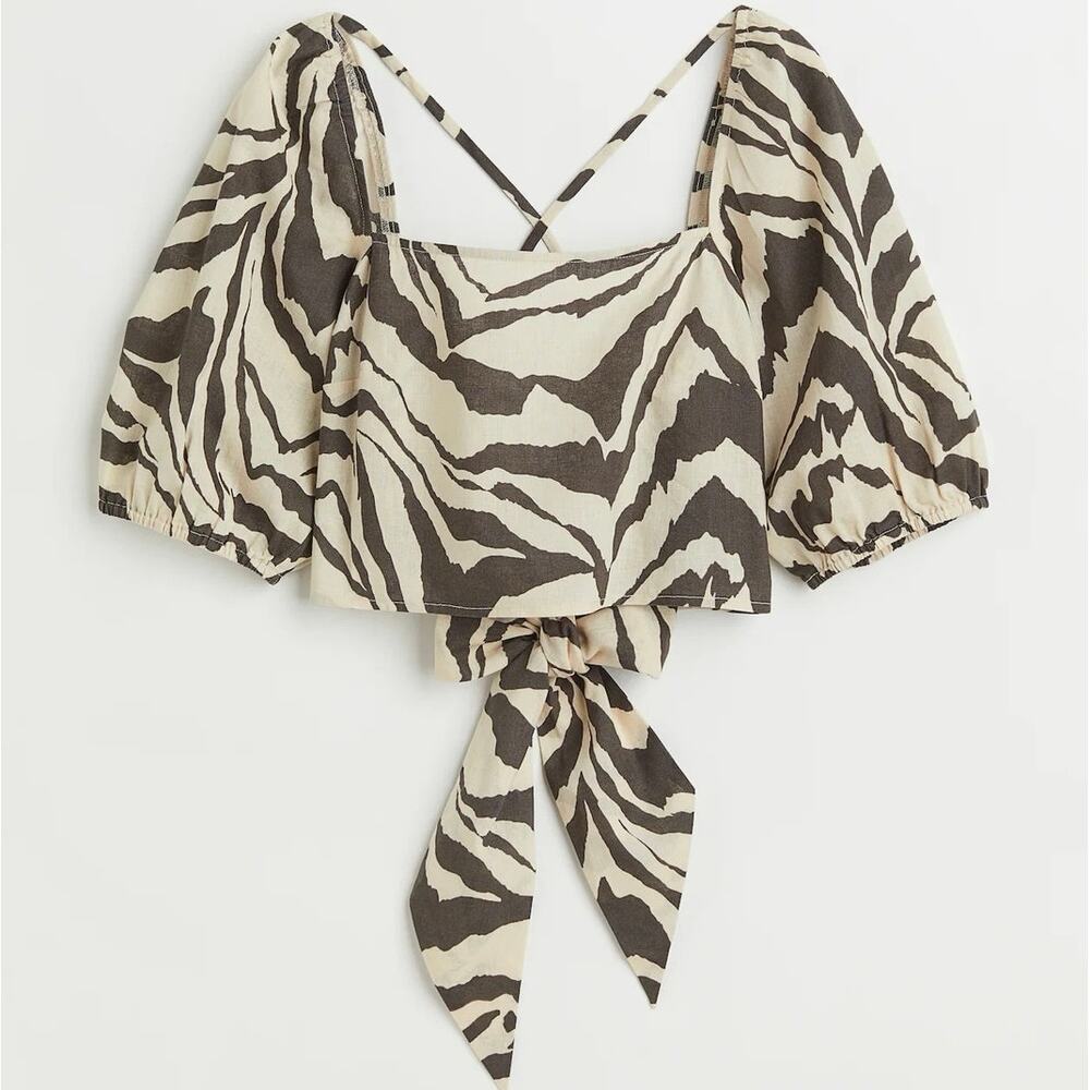 H&M Cropped Top Womens Small Beige Zebra Print Linen Slim Square Neck Open Back